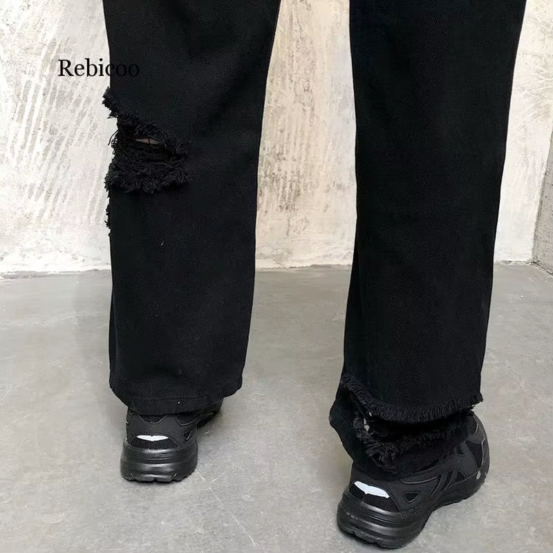 Vintage Loose Jeans Black Straight Wide Leg Jeans High Waist Ripped Jeans for Women Knee Ripped Pants Mom Jeans Boyfriends