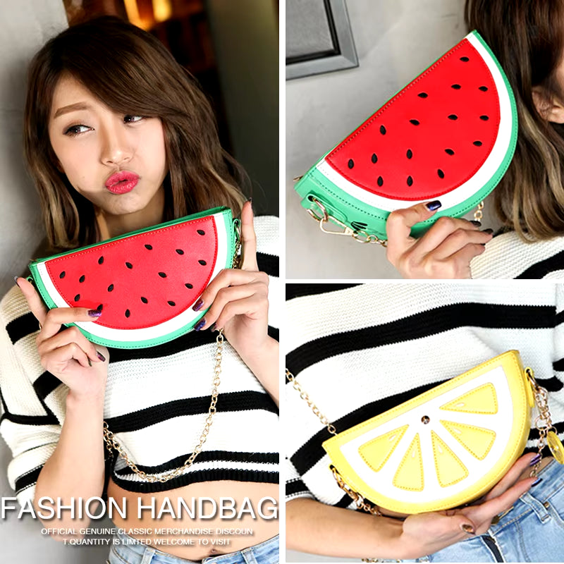 2022 Summer New Female Bag PU Leather Women Bag Cute Fruit Packet Chain Shoulder Messenger Bag Orange Watermelon Strawberry Bag
