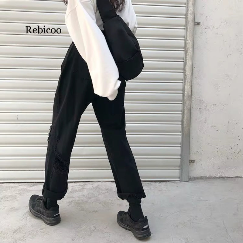 Vintage Loose Jeans Black Straight Wide Leg Jeans High Waist Ripped Jeans for Women Knee Ripped Pants Mom Jeans Boyfriends