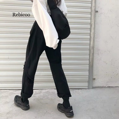 Vintage Loose Jeans Black Straight Wide Leg Jeans High Waist Ripped Jeans for Women Knee Ripped Pants Mom Jeans Boyfriends