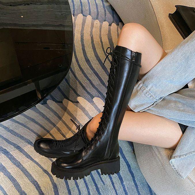 Women's Black Below The Knee Thickened Martin Boots