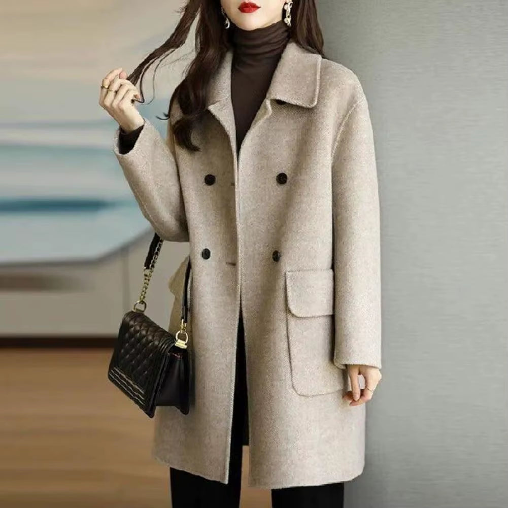 2024 Women Woolen Coat Loose Casual Retro Double-Sided Jacket Office Lady Outerwear Thickened Warm Overcoat Mid-Length Jackets