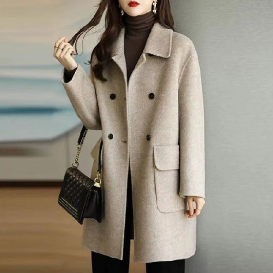 2024 Women Woolen Coat Loose Casual Retro Double-Sided Jacket Office Lady Outerwear Thickened Warm Overcoat Mid-Length Jackets