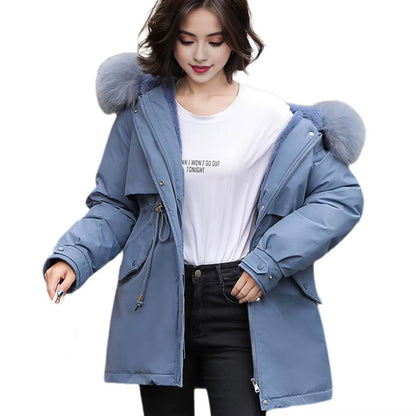 Winter down Coat Thick Padded Plush Hood Mid Length Windproof Outerwear Long Sleeves Adjustable Drawstring Lady Cotton Jacket