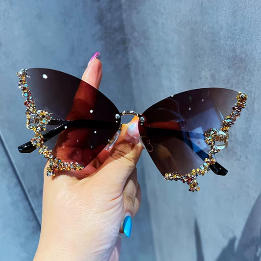 Luxury Diamond Butterfly Sunglasses Women Brand Y2K Vintage Rimless Oversized Sun Glasses Ladies Eyewear