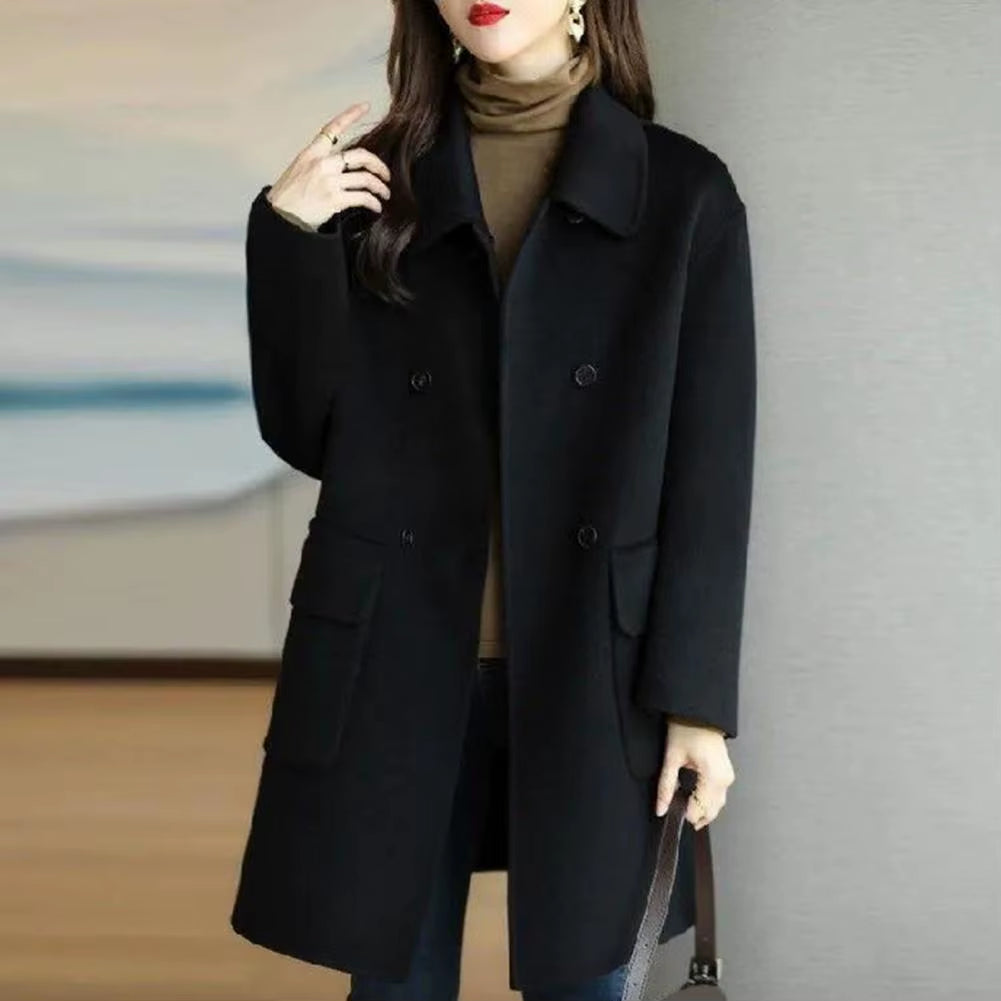 2024 Women Woolen Coat Loose Casual Retro Double-Sided Jacket Office Lady Outerwear Thickened Warm Overcoat Mid-Length Jackets
