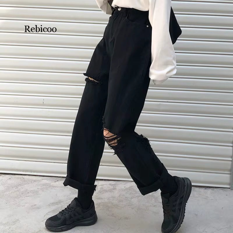 Vintage Loose Jeans Black Straight Wide Leg Jeans High Waist Ripped Jeans for Women Knee Ripped Pants Mom Jeans Boyfriends