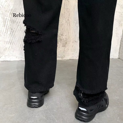 Vintage Loose Jeans Black Straight Wide Leg Jeans High Waist Ripped Jeans for Women Knee Ripped Pants Mom Jeans Boyfriends