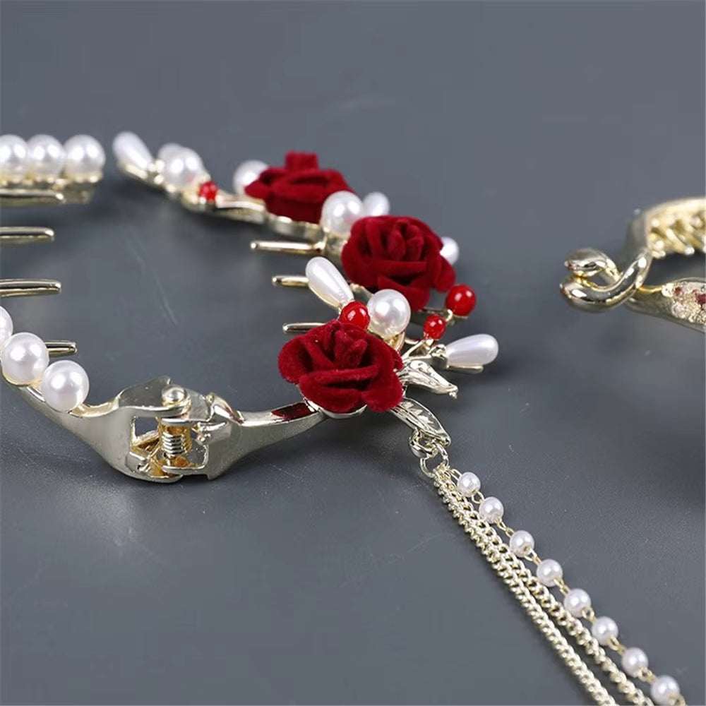 Elegant Tassel Hair Claw Rhinestone Pearl Flower Hair Clip Women Barrette Girl Ponytail Holder Hairpins Fringe Hair Accessories