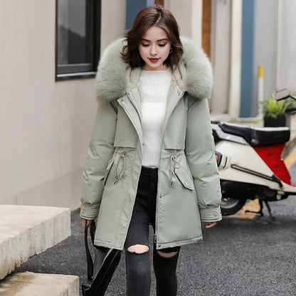 Winter down Coat Thick Padded Plush Hood Mid Length Windproof Outerwear Long Sleeves Adjustable Drawstring Lady Cotton Jacket