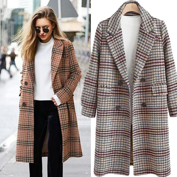 Plus Size Women's Plaid Long Sleeve Lapel Coat