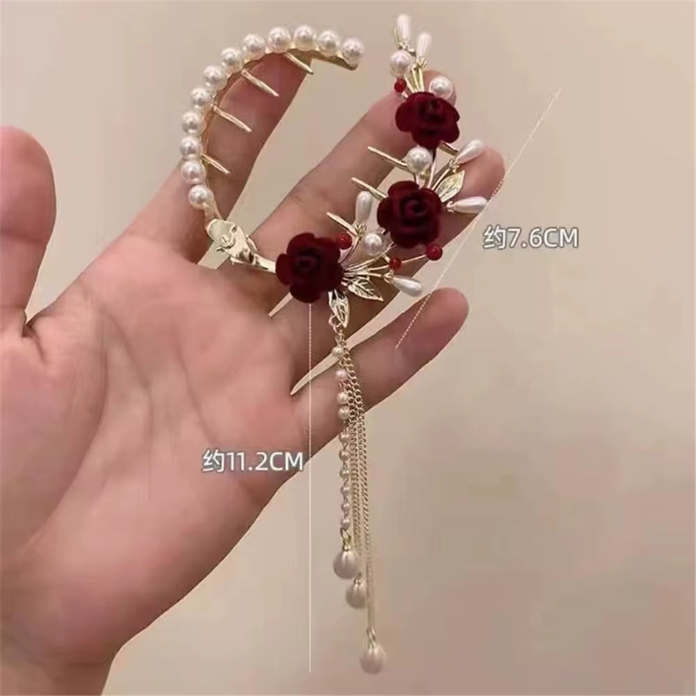 Elegant Tassel Hair Claw Rhinestone Pearl Flower Hair Clip Women Barrette Girl Ponytail Holder Hairpins Fringe Hair Accessories