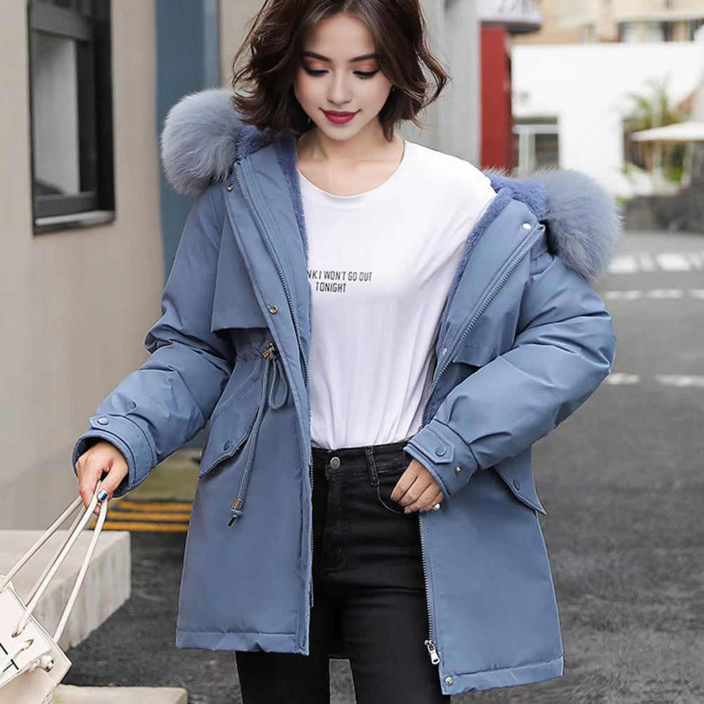 Winter down Coat Thick Padded Plush Hood Mid Length Windproof Outerwear Long Sleeves Adjustable Drawstring Lady Cotton Jacket