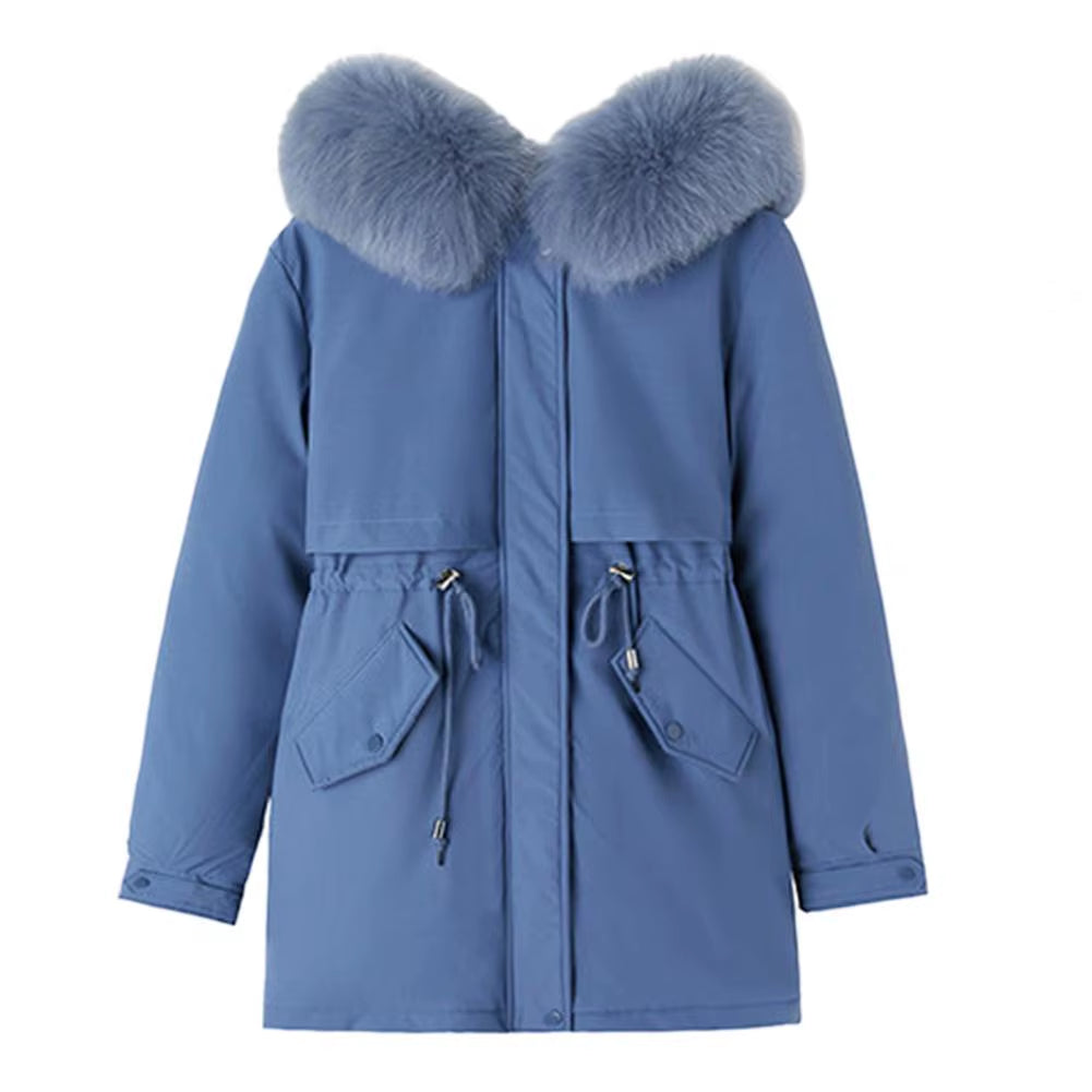Winter down Coat Thick Padded Plush Hood Mid Length Windproof Outerwear Long Sleeves Adjustable Drawstring Lady Cotton Jacket
