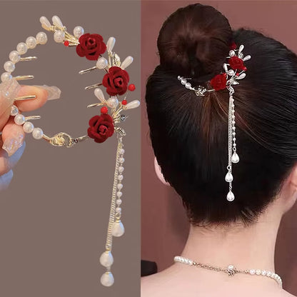 Elegant Tassel Hair Claw Rhinestone Pearl Flower Hair Clip Women Barrette Girl Ponytail Holder Hairpins Fringe Hair Accessories