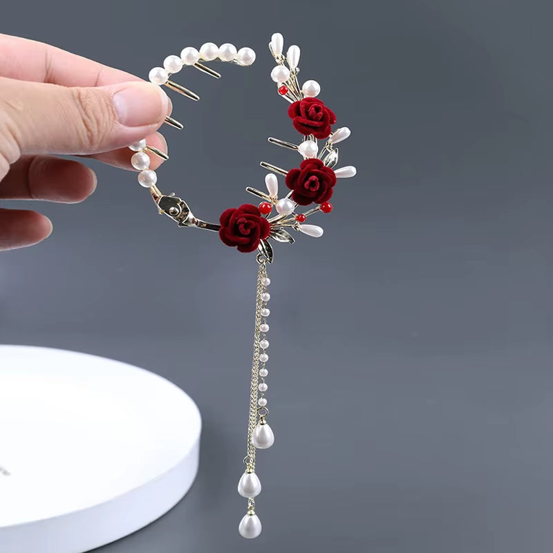 Elegant Tassel Hair Claw Rhinestone Pearl Flower Hair Clip Women Barrette Girl Ponytail Holder Hairpins Fringe Hair Accessories