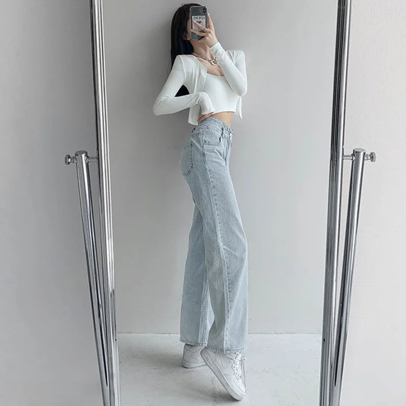 High Waist Loose Comfortable Jeans for Women Streetwear Fashionable Straight Pants Mom Jeans Washed Boyfriend Jeans