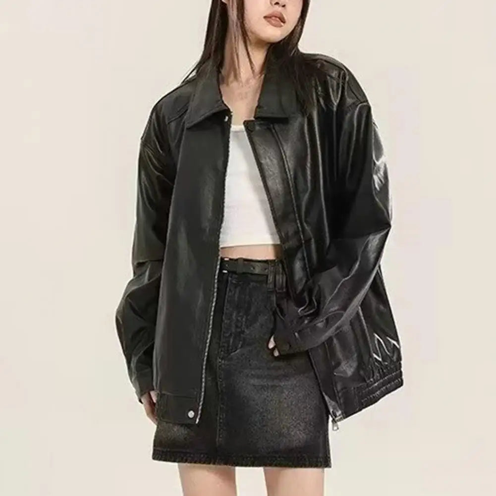 Women Jacket with Pocket Women Faux Leather Jacket Vintage American Style Women'S Faux Leather Jacket Loose Fit Zipper Pocket