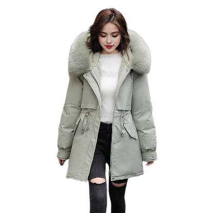 Winter down Coat Thick Padded Plush Hood Mid Length Windproof Outerwear Long Sleeves Adjustable Drawstring Lady Cotton Jacket