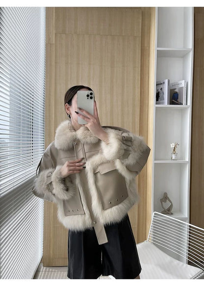 Sense Fox Fur Stitching Leather Coat