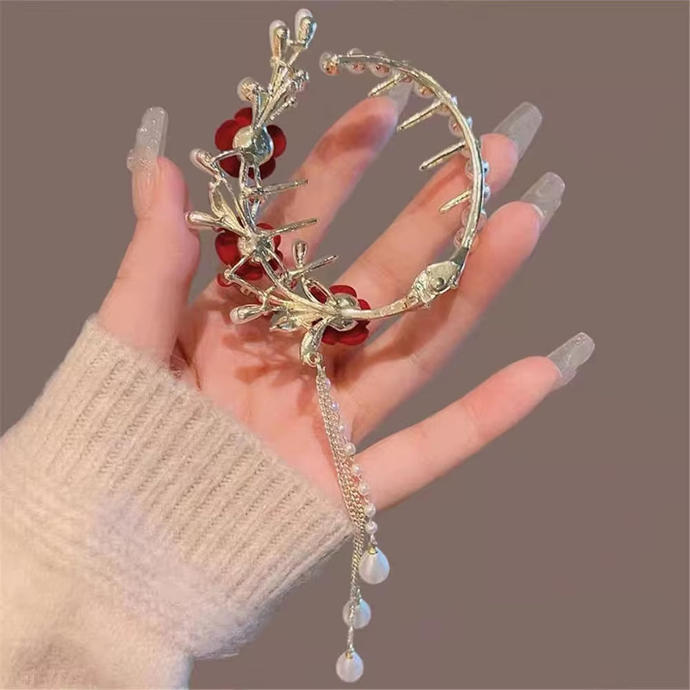 Elegant Tassel Hair Claw Rhinestone Pearl Flower Hair Clip Women Barrette Girl Ponytail Holder Hairpins Fringe Hair Accessories