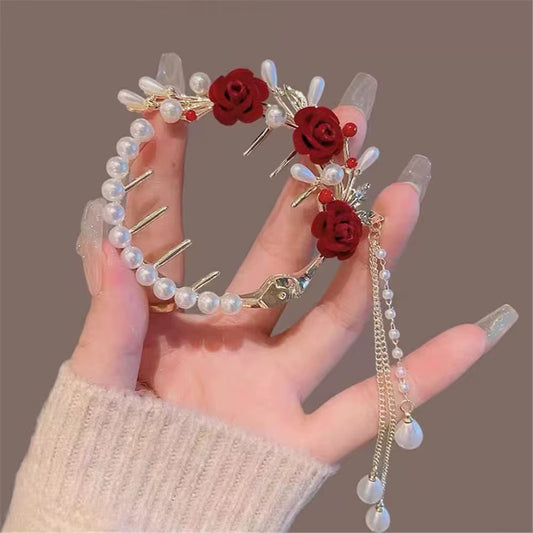 Elegant Tassel Hair Claw Rhinestone Pearl Flower Hair Clip Women Barrette Girl Ponytail Holder Hairpins Fringe Hair Accessories